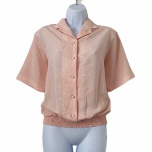 Vintage Yves St. Clair Peach Embroidered Button-Up Blouse w Shoulder Pads Sz 8